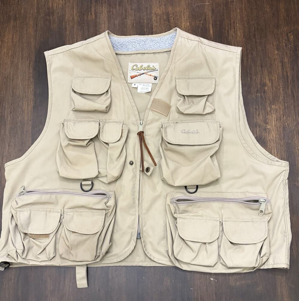Cabela's Men's Beige Hunting Fishing Multi-Pocket Utility Full-Zip Vest; M